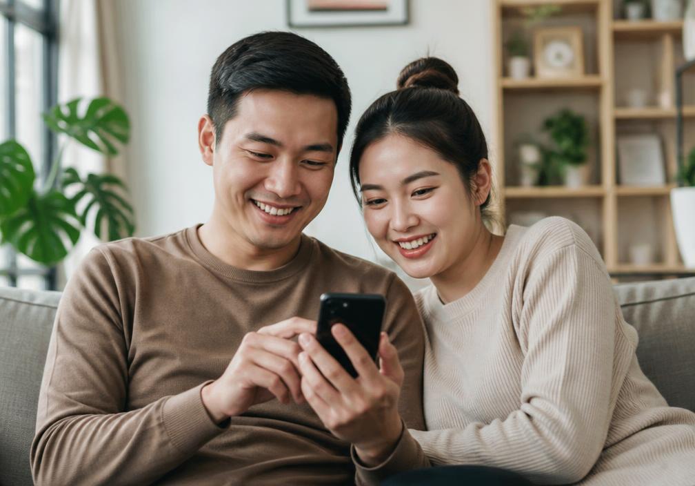 A Thai couple checking their FINN balance together at home